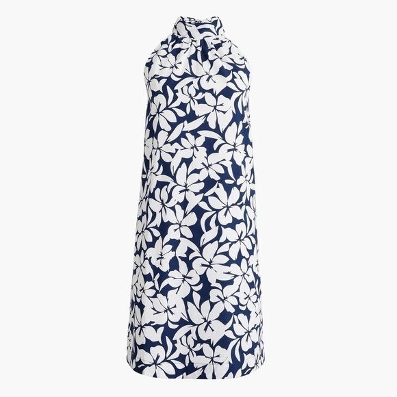 J Crew Bow Neck Halter Cotton Mini Floral Tropical Shift Dress Navy White Size 0 - Picture 4 of 17